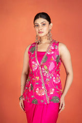 Fuchsia Floral Printed Hand-Embroidered Jacket Styled with Inner & Flowy Drape Skirt