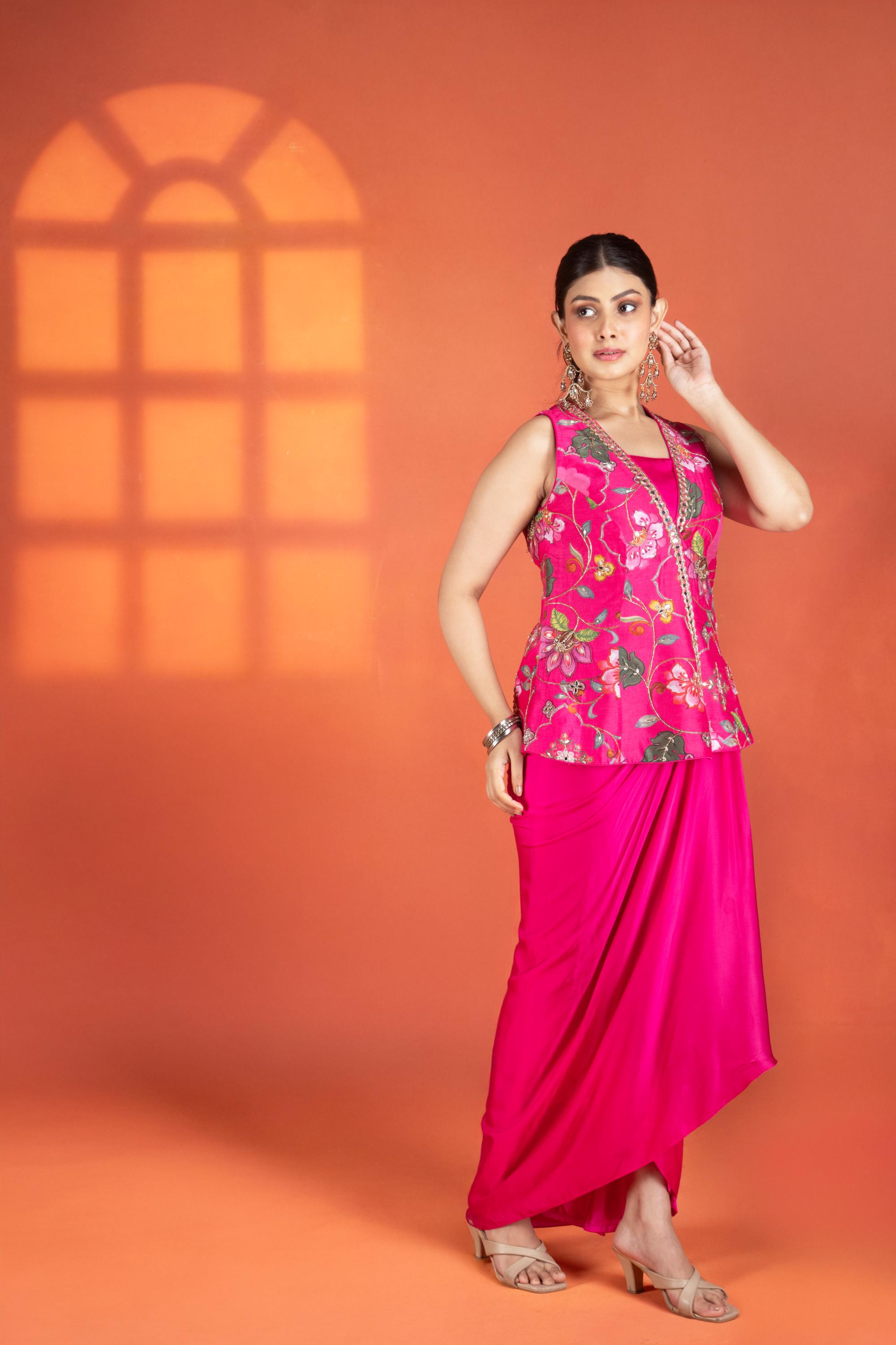 Fuchsia Floral Printed Hand-Embroidered Jacket Styled with Inner & Flowy Drape Skirt