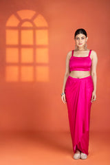 Fuchsia Floral Printed Hand-Embroidered Jacket Styled with Inner & Flowy Drape Skirt