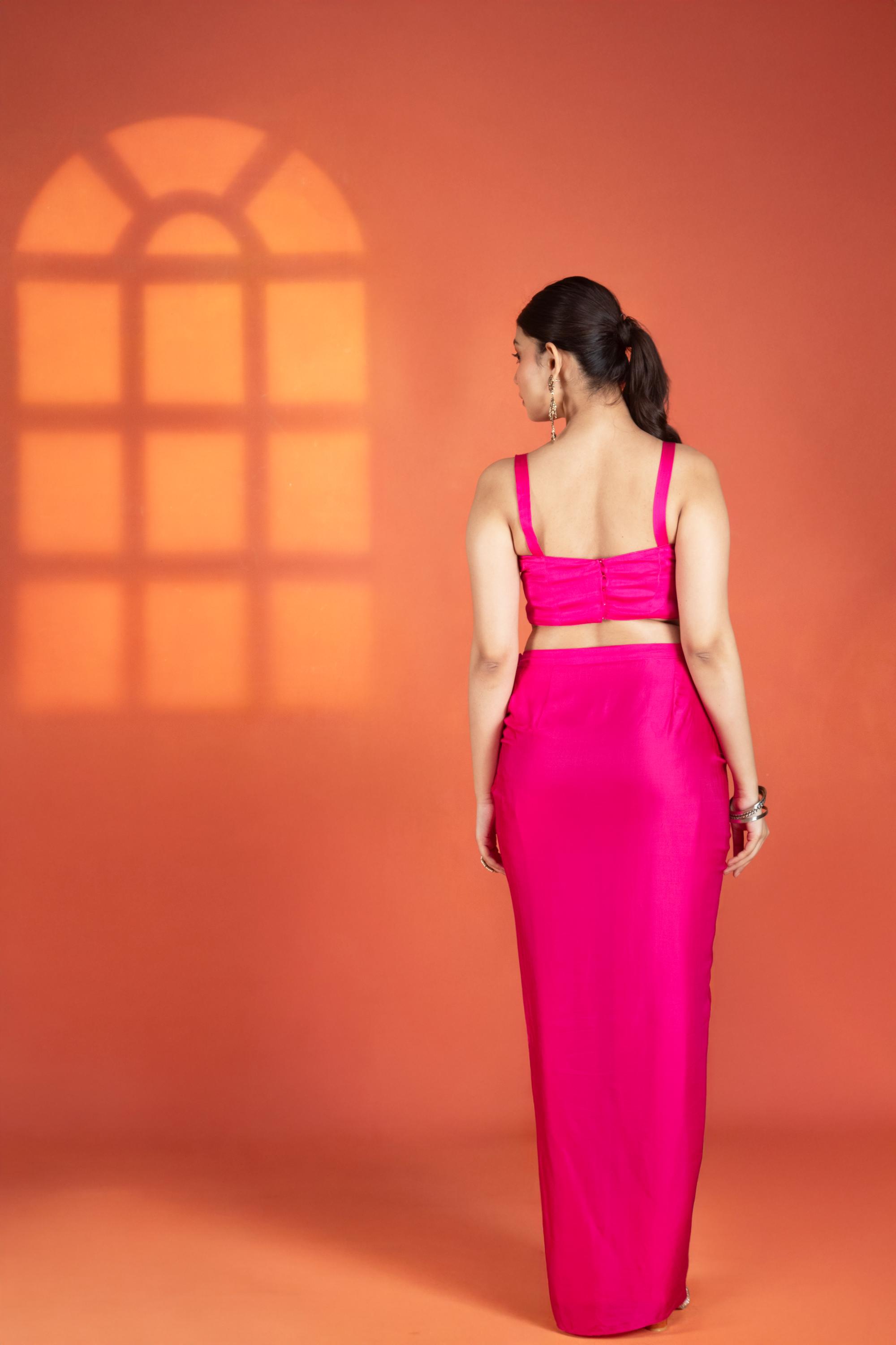 Fuchsia Floral Printed Hand-Embroidered Jacket Styled with Inner & Flowy Drape Skirt