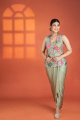 Green Floral Printed Hand-Embroidered Jacket Styled with Inner & Flowy Drape Skirt