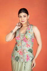 Green Floral Printed Hand-Embroidered Jacket Styled with Inner & Flowy Drape Skirt