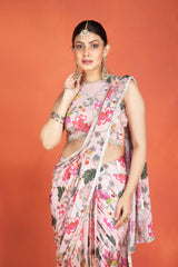 Pink Floral Printed Drape Saree with Mirror Work Halter Neck Blouse