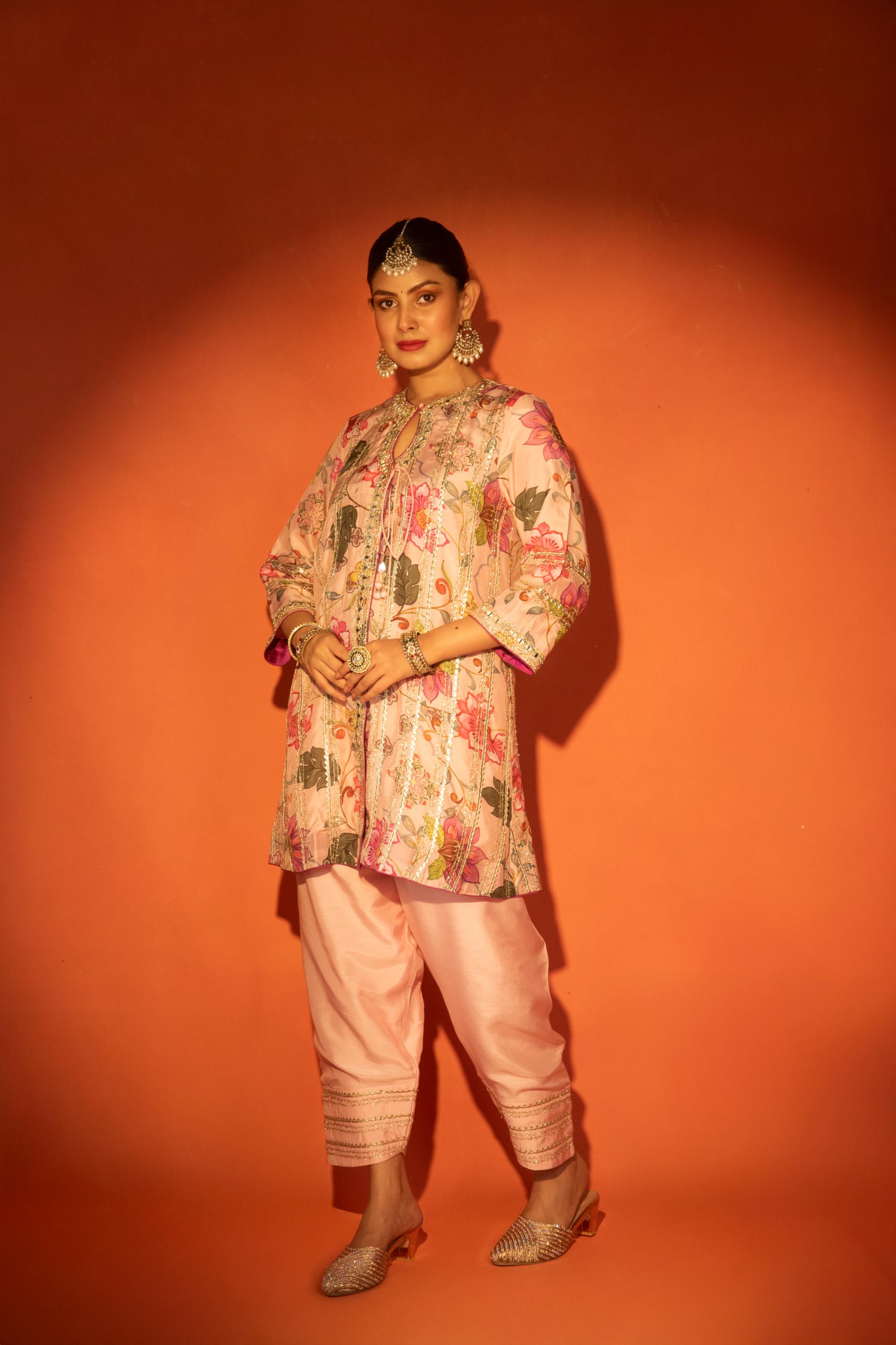 Pink Floral Printed Embroidered Angrakha with Solid Pants & Dupatta