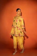 Yellow Floral Printed Embroidered Angrakha Paired with Solid Pants & Dupatta