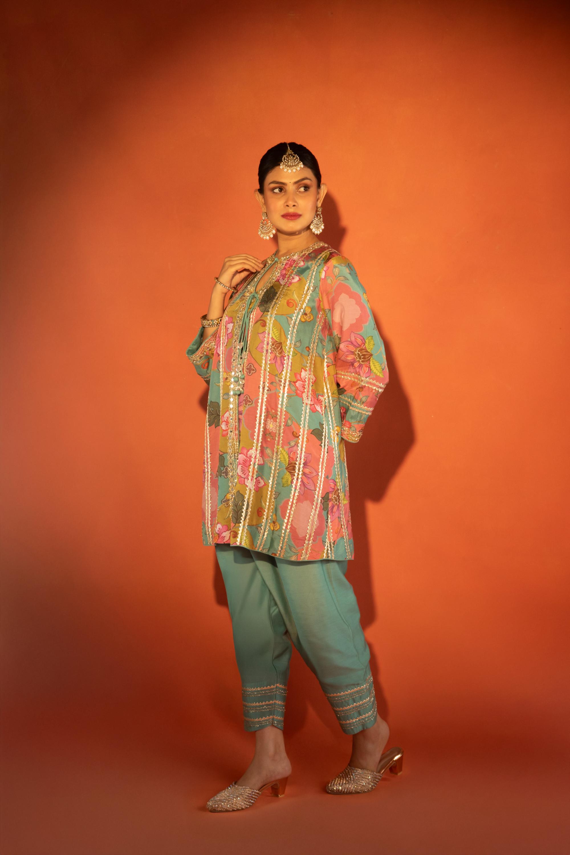 Multi-Color Floral Printed Embroidered Angrakha Paired with Solid Pants & Dupatta