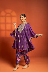 Purple Short Semi- Anarkali with a heavily Embroidered Neckline, Paired with Floral Printed Salwar Pants & Dupatta