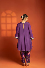 Purple Short Semi- Anarkali with a heavily Embroidered Neckline, Paired with Floral Printed Salwar Pants & Dupatta