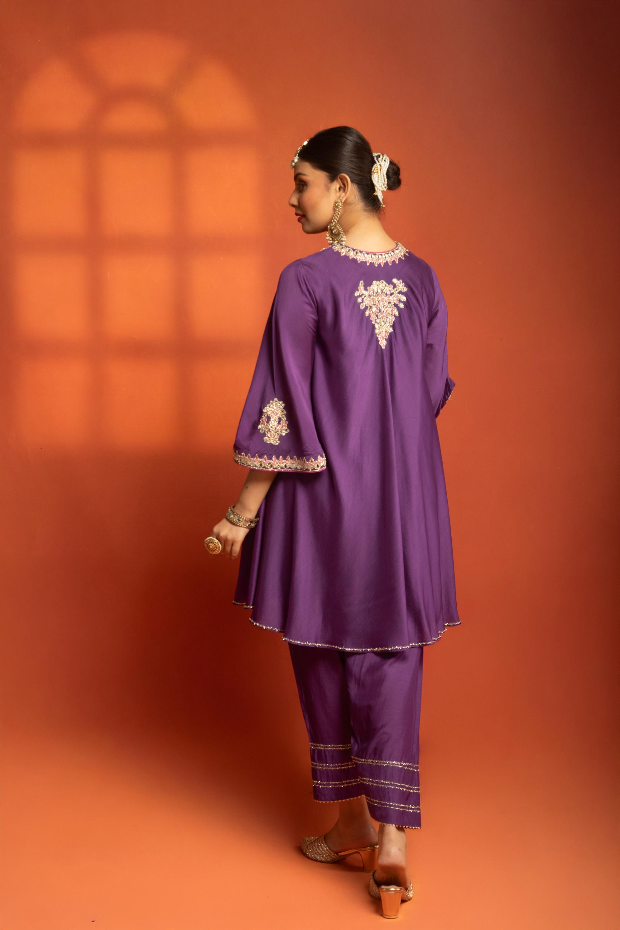 Purple Short Flared Kurta with Embroidery, Paired with Salwar Pants & Dupatta