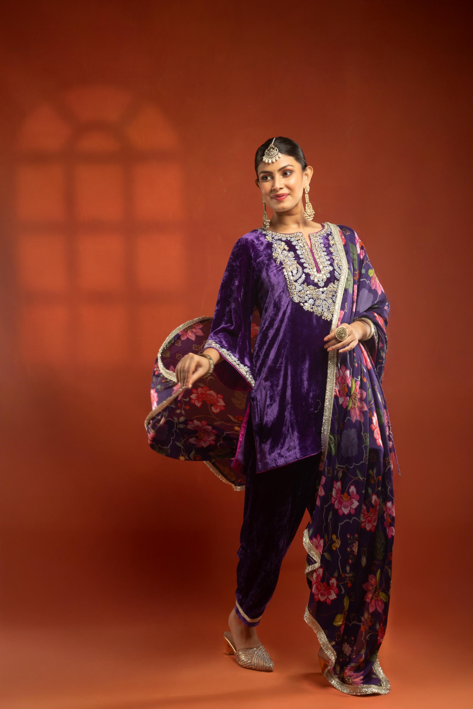 Purple Embroidered Short Kurta with Dhoti Salwar & Printed Dupatta