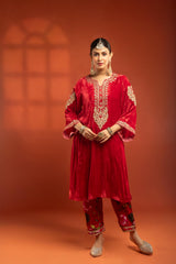 Red Silk Velvet Embroidered Kurta with Printed Salwar Pants & Dupatta