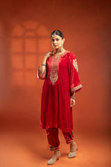 Red Silk Velvet Embroidered Kurta with Printed Salwar Pants & Dupatta