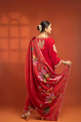 Red Silk Velvet Embroidered Kurta with Printed Salwar Pants & Dupatta