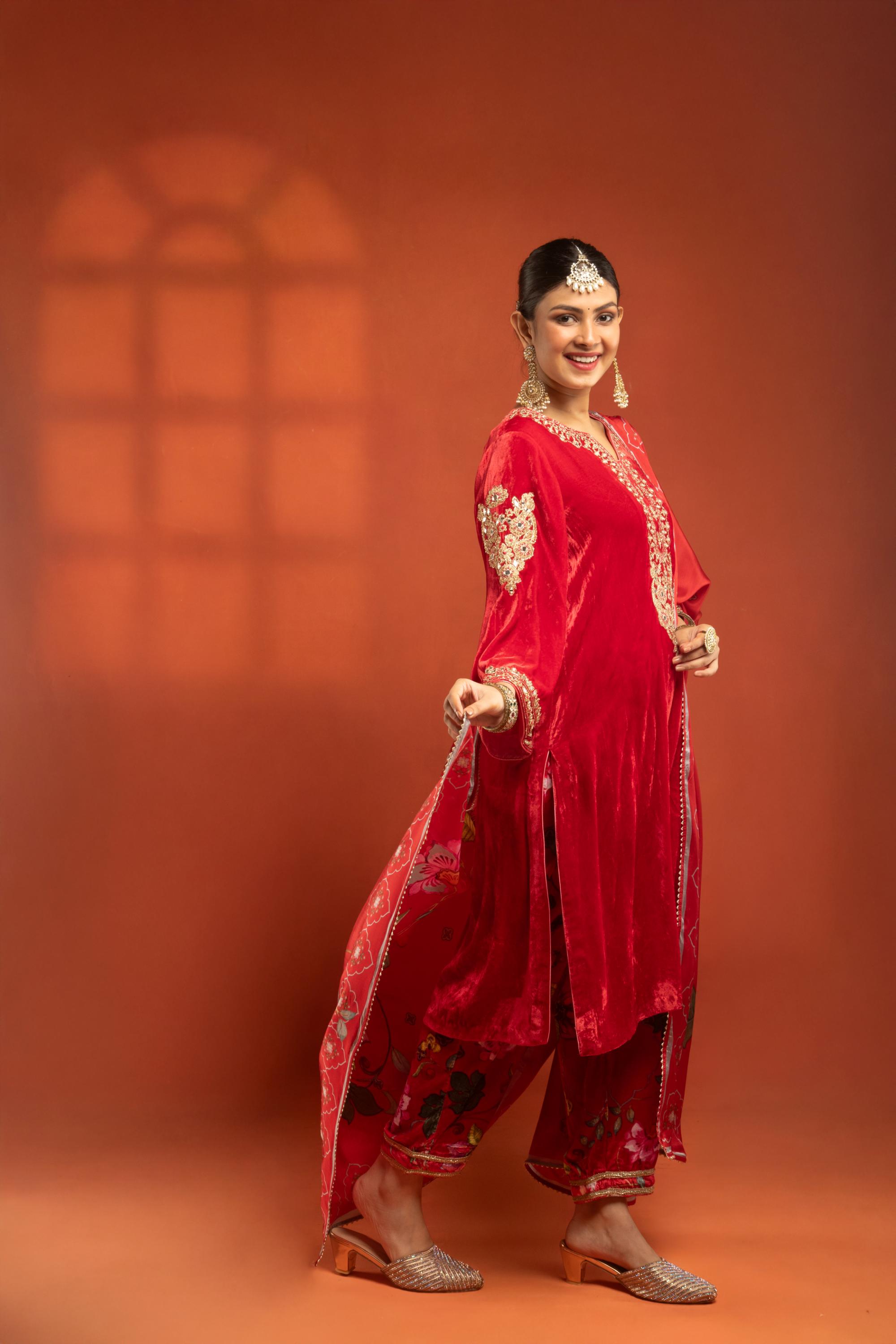Red Silk Velvet Embroidered Kurta with Printed Salwar Pants & Dupatta