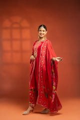 Red Silk Velvet Embroidered Kurta with Printed Salwar Pants & Dupatta