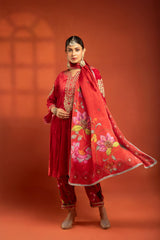 Red Silk Velvet Embroidered Kurta with Printed Salwar Pants & Dupatta