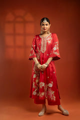 Red Embroidered Kurta with Pants & Net Dupatta