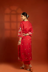 Red Embroidered Kurta with Pants & Net Dupatta