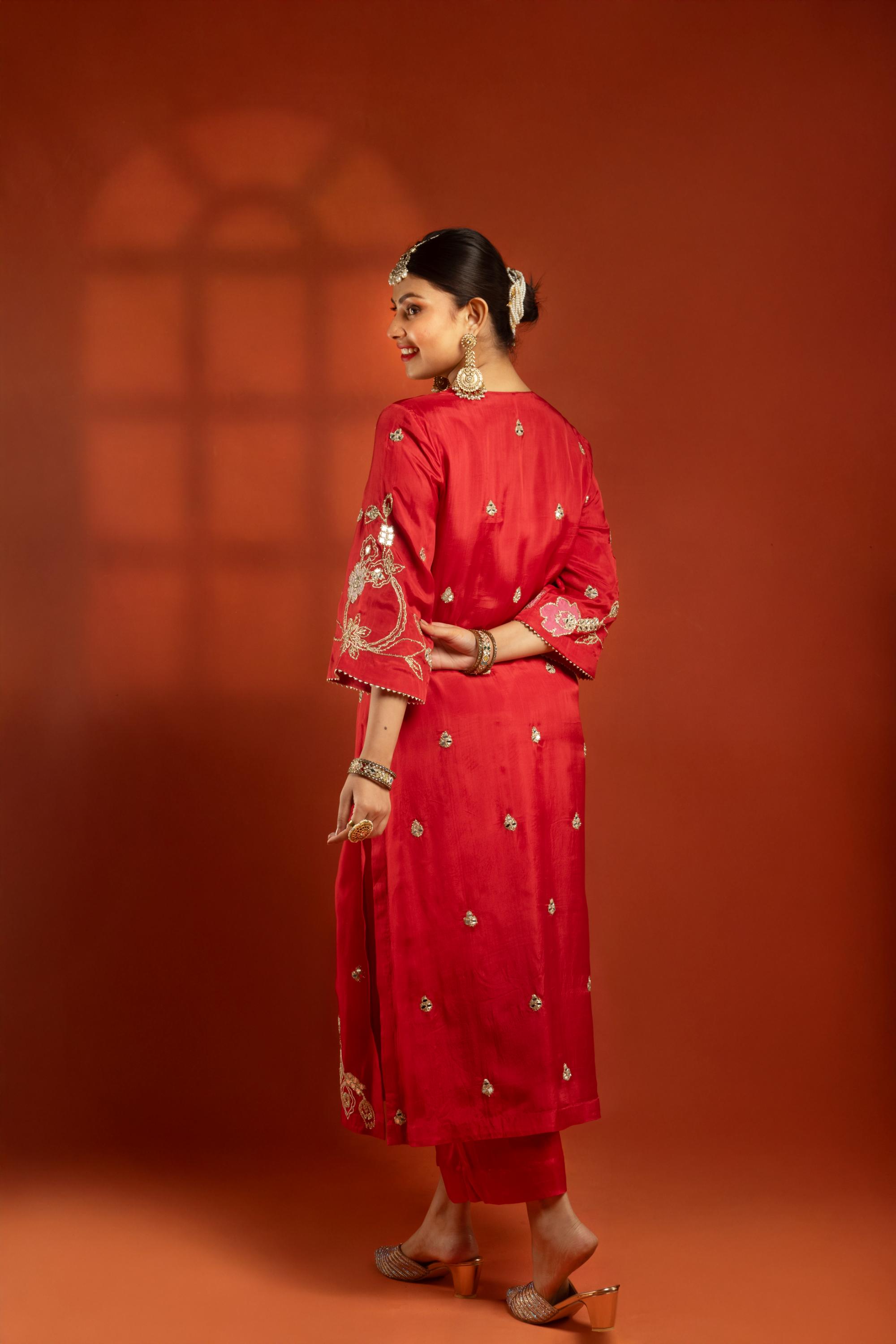 Red Embroidered Kurta with Pants & Net Dupatta