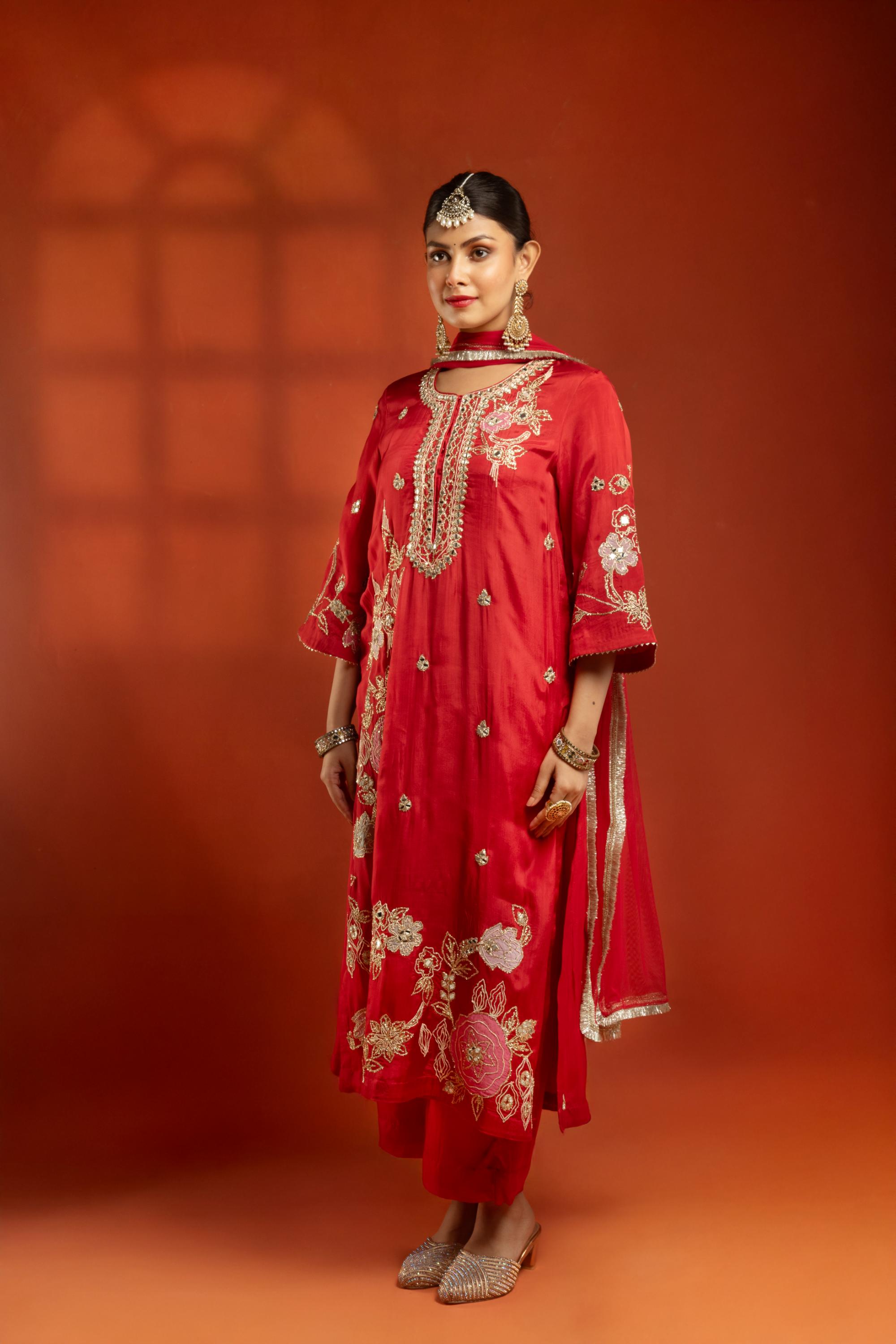 Red Embroidered Kurta with Pants & Net Dupatta