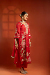 Red Embroidered Kurta with Pants & Net Dupatta