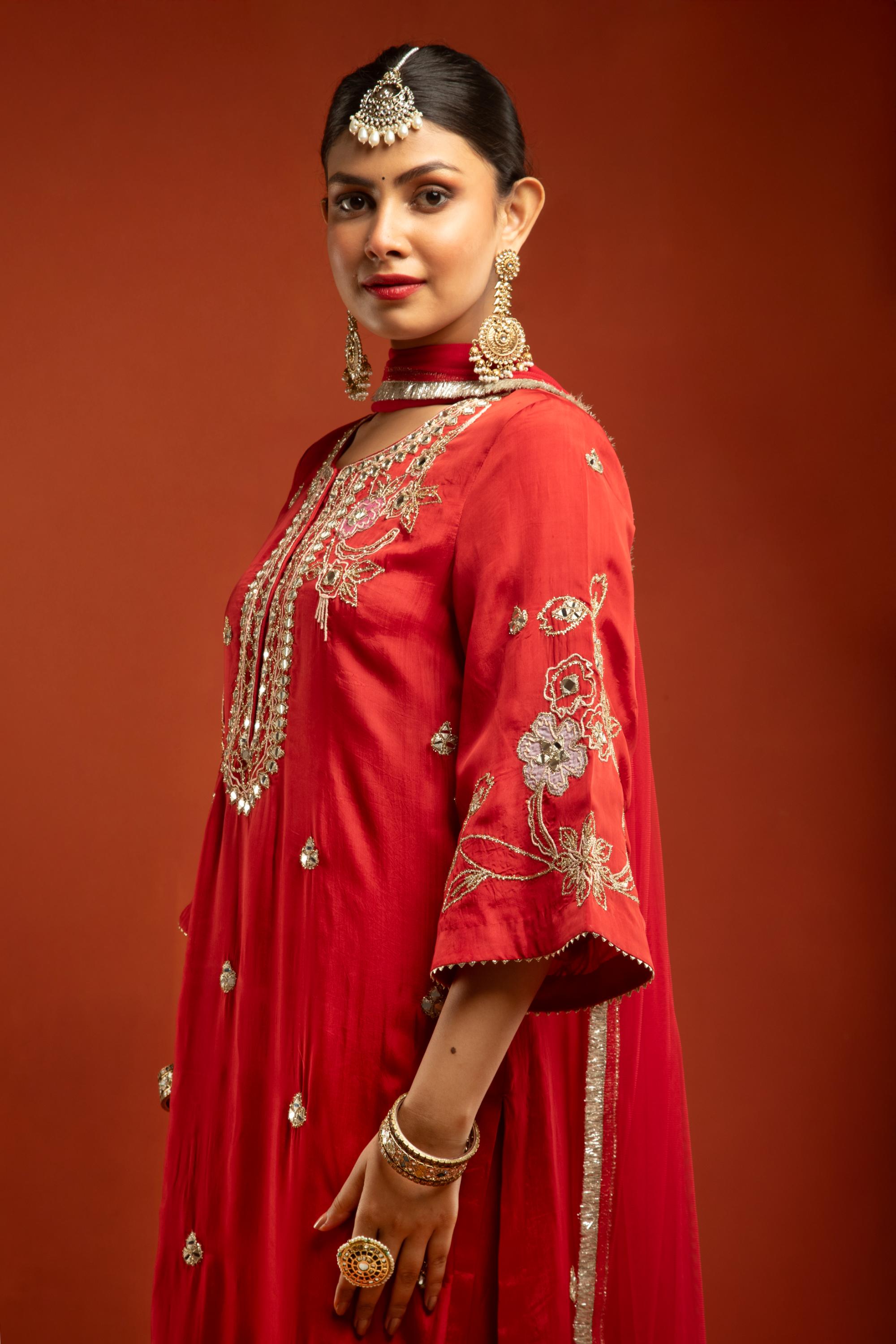 Red Embroidered Kurta with Pants & Net Dupatta
