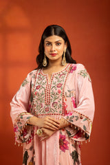Pink Side Panel Printed Embroidered Long Kurta Dress with Churidar