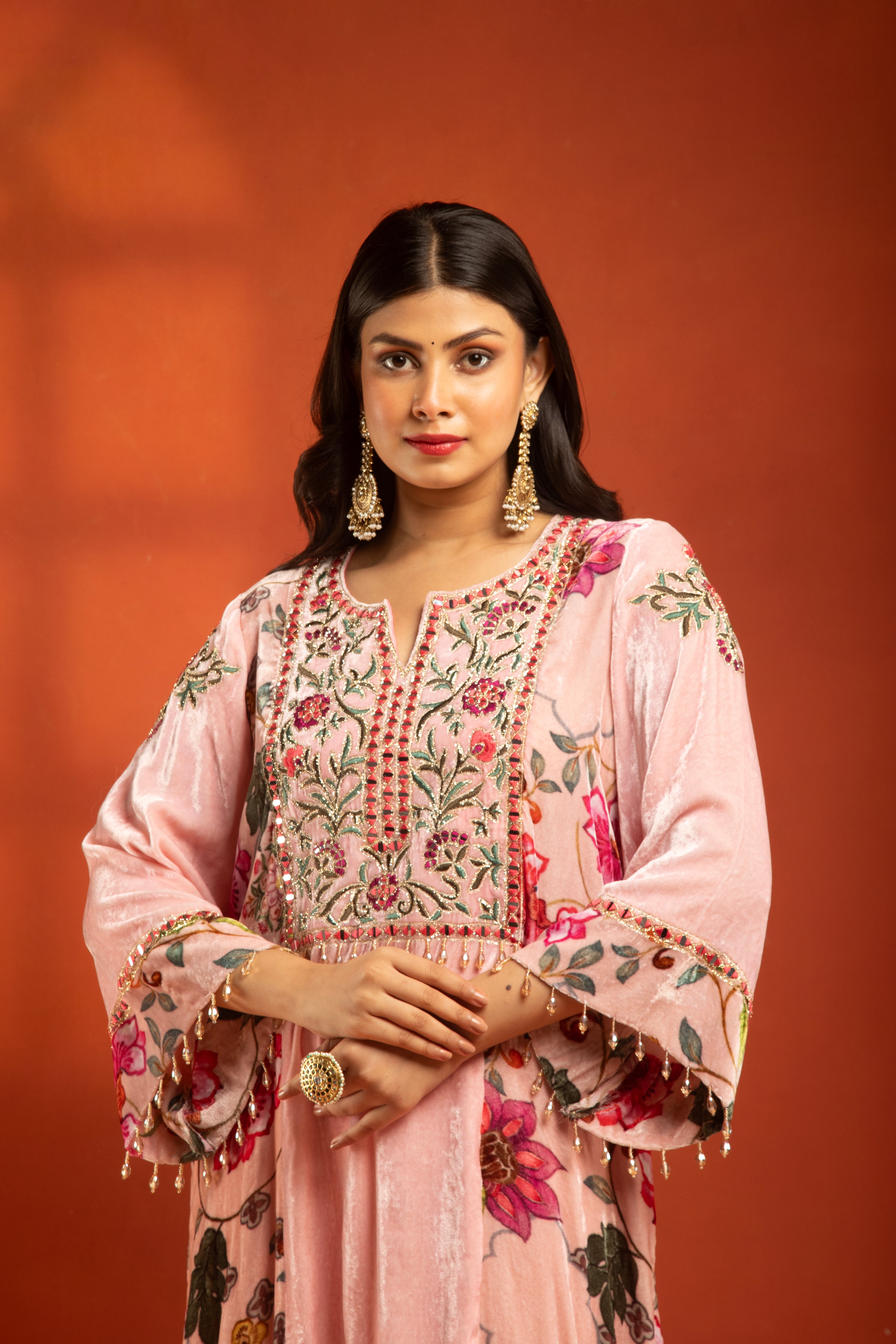 Pink Side Panel Printed Embroidered Long Kurta Dress with Churidar