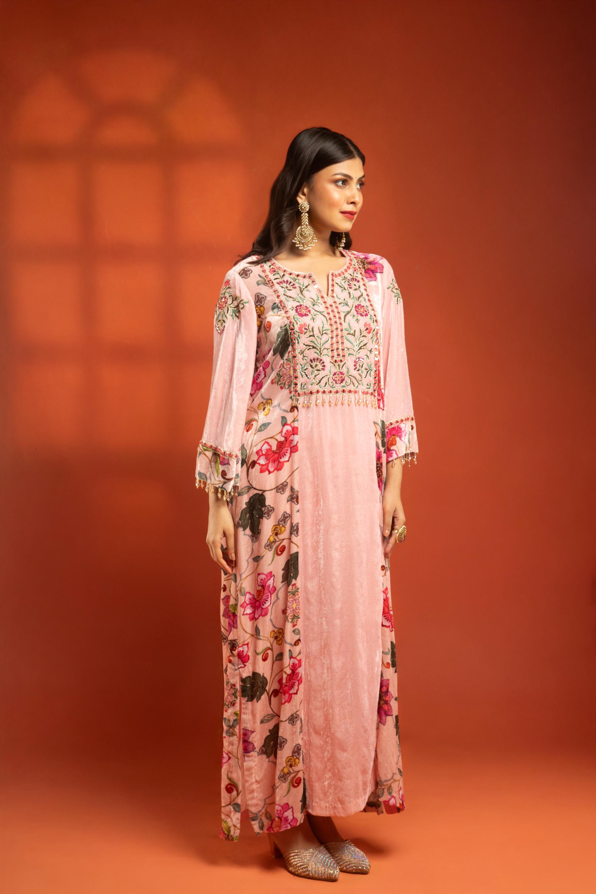 Pink Side Panel Printed Embroidered Long Kurta Dress with Churidar