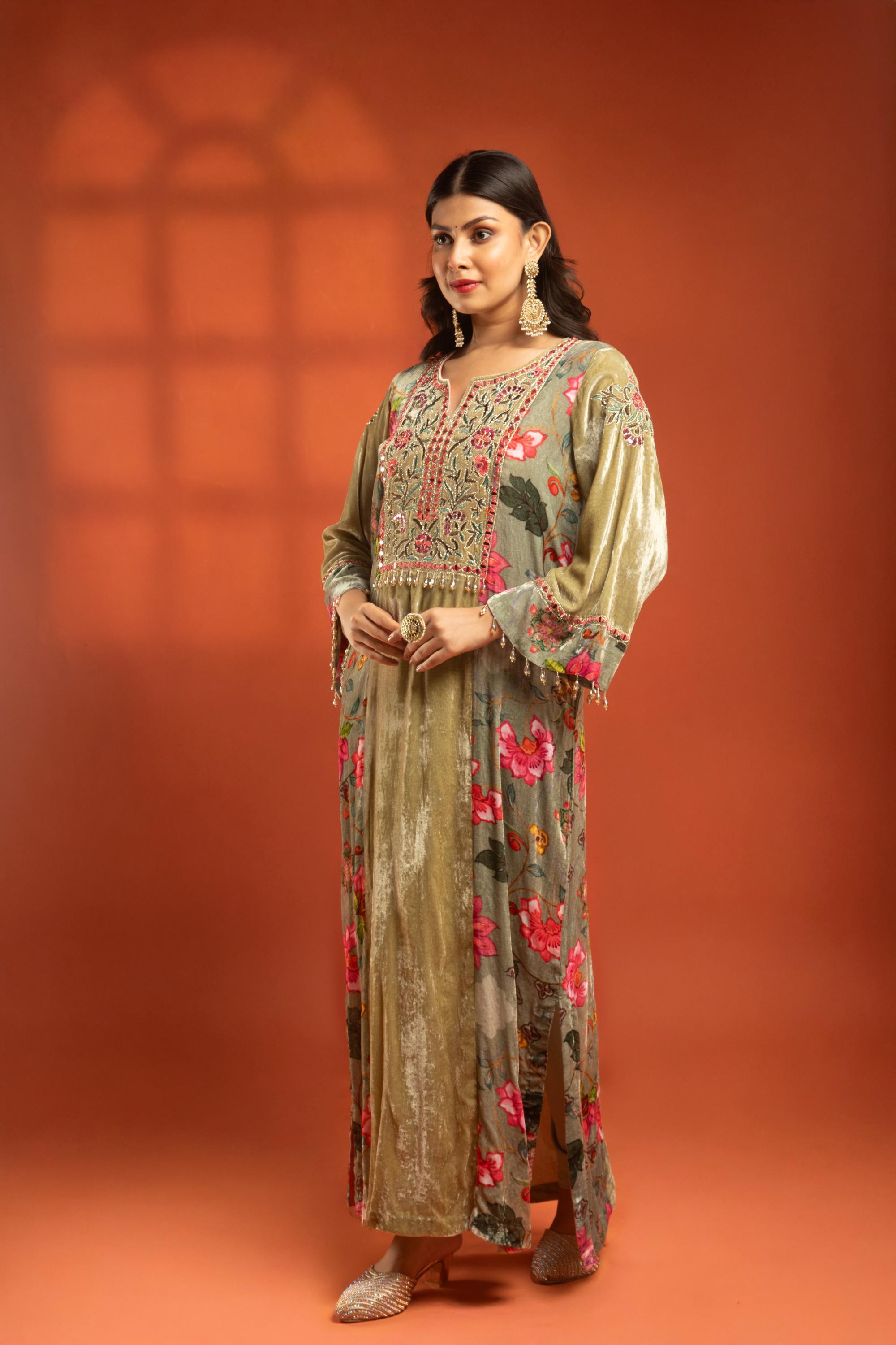 Green Side Panel Printed Embroidered Long Kurta Dress with Churidar