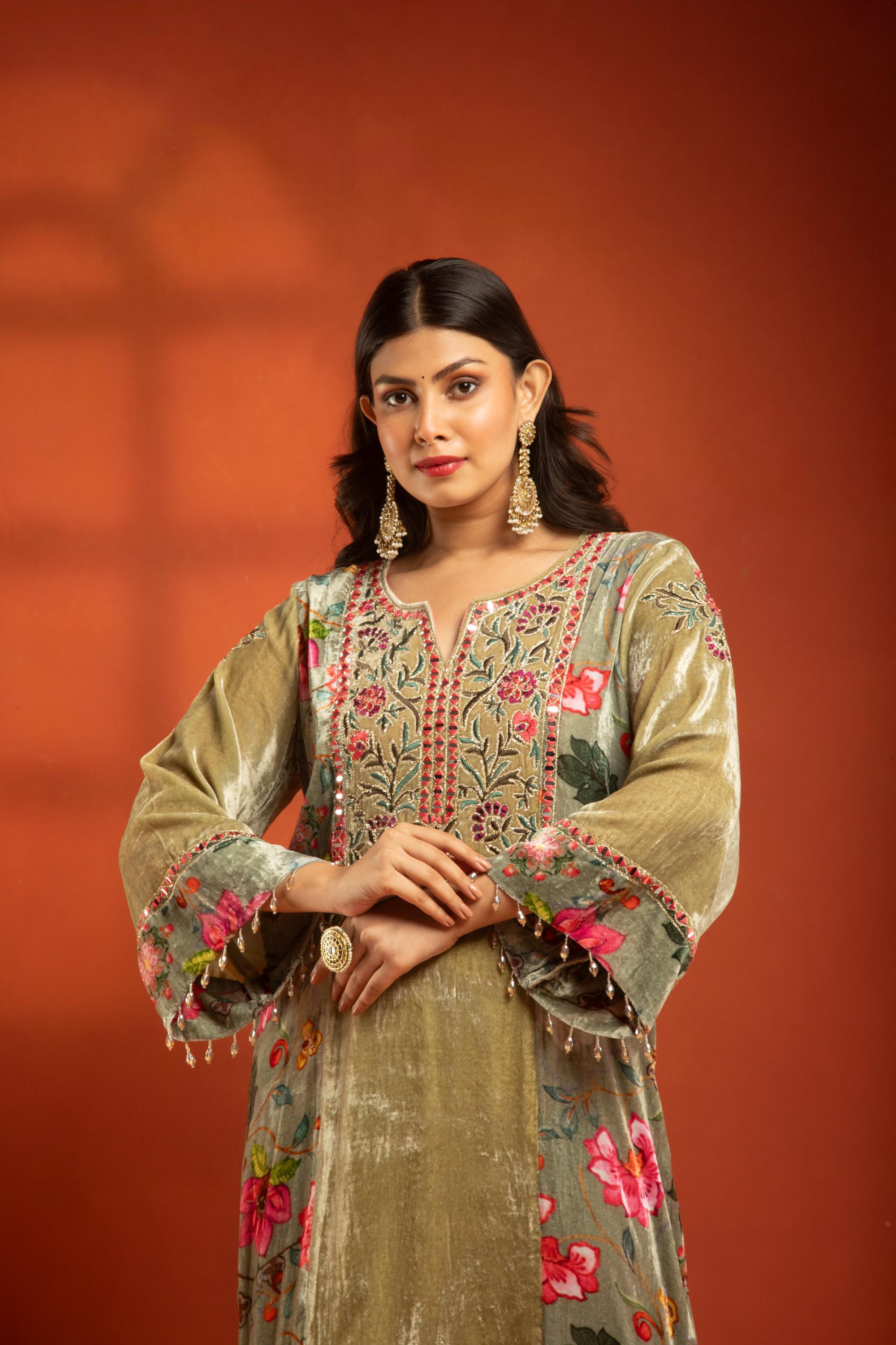 Green Side Panel Printed Embroidered Long Kurta Dress with Churidar