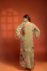 Green Side Panel Printed Embroidered Long Kurta Dress with Churidar