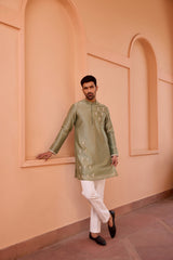 Sage green dori and hand embroidered kurta