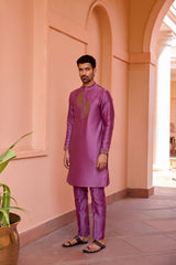Plum earthy pink  dori and hand embroidered silk kurta