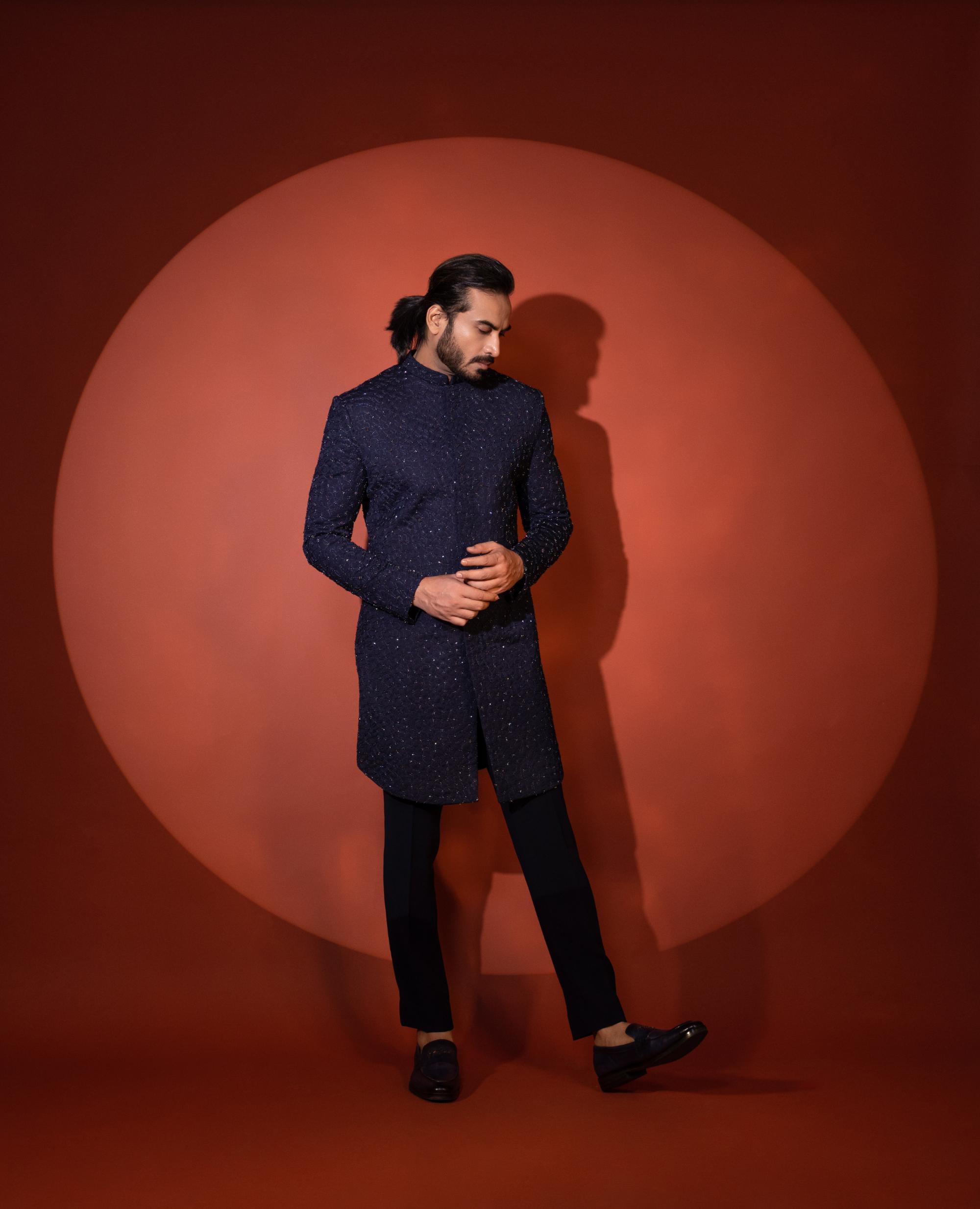 BLUE MID LENGTH ACHKAN SET