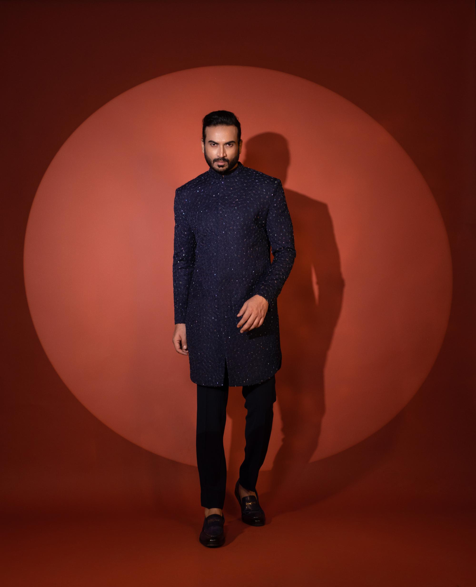 BLUE MID LENGTH ACHKAN SET