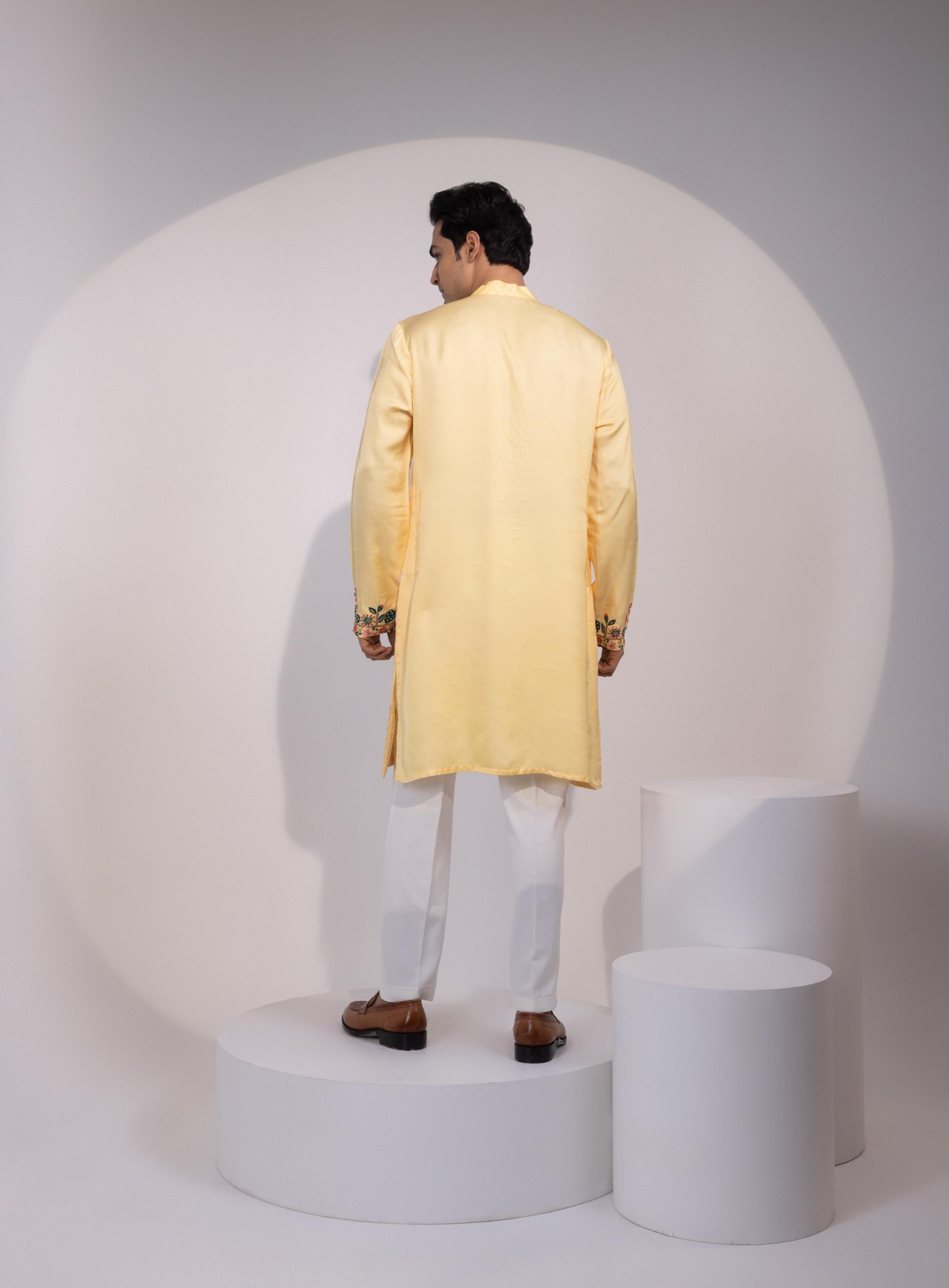 Pastel Yellow Cuff Embroidered Kurta