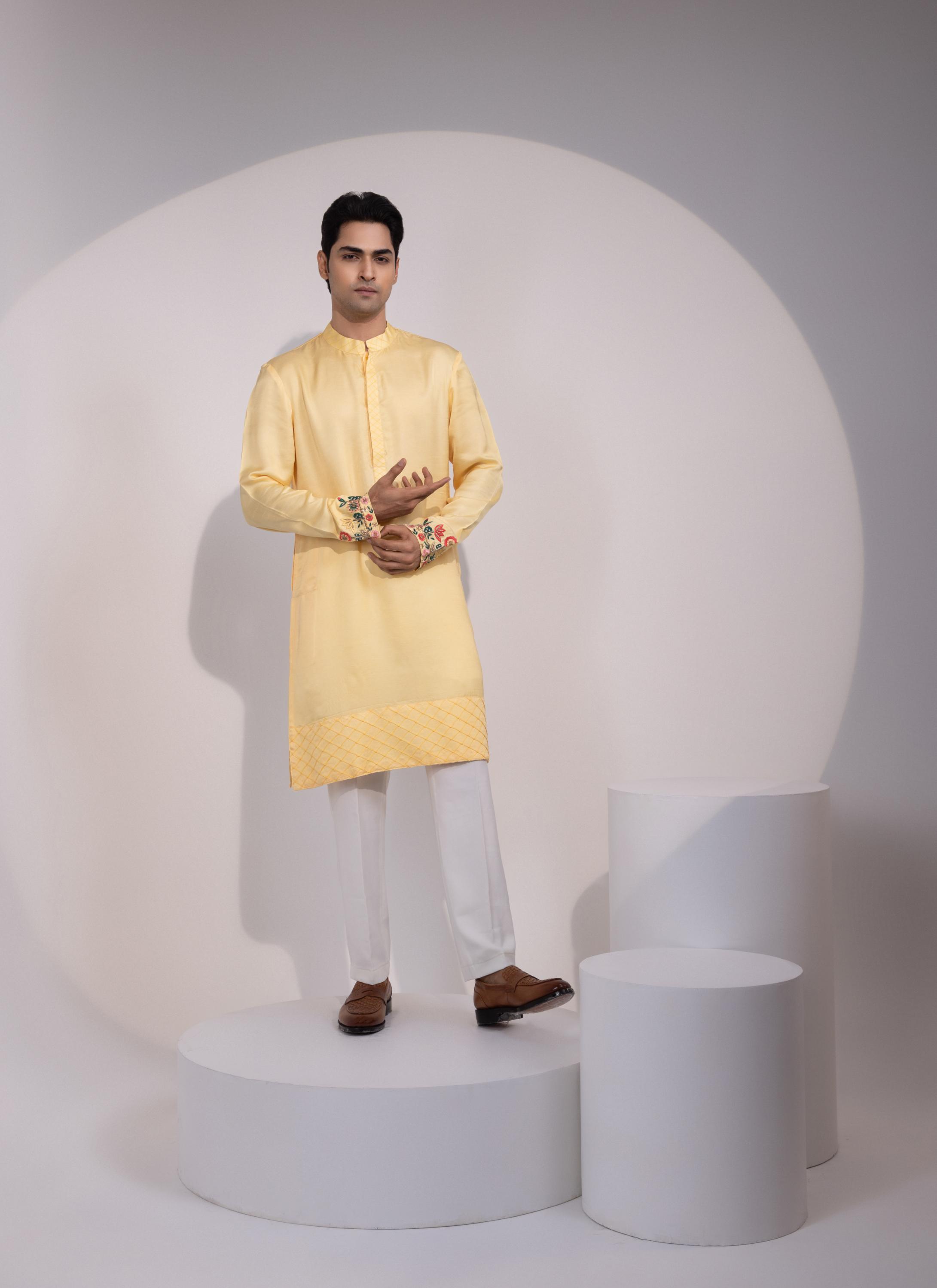 Pastel Yellow Cuff Embroidered Kurta