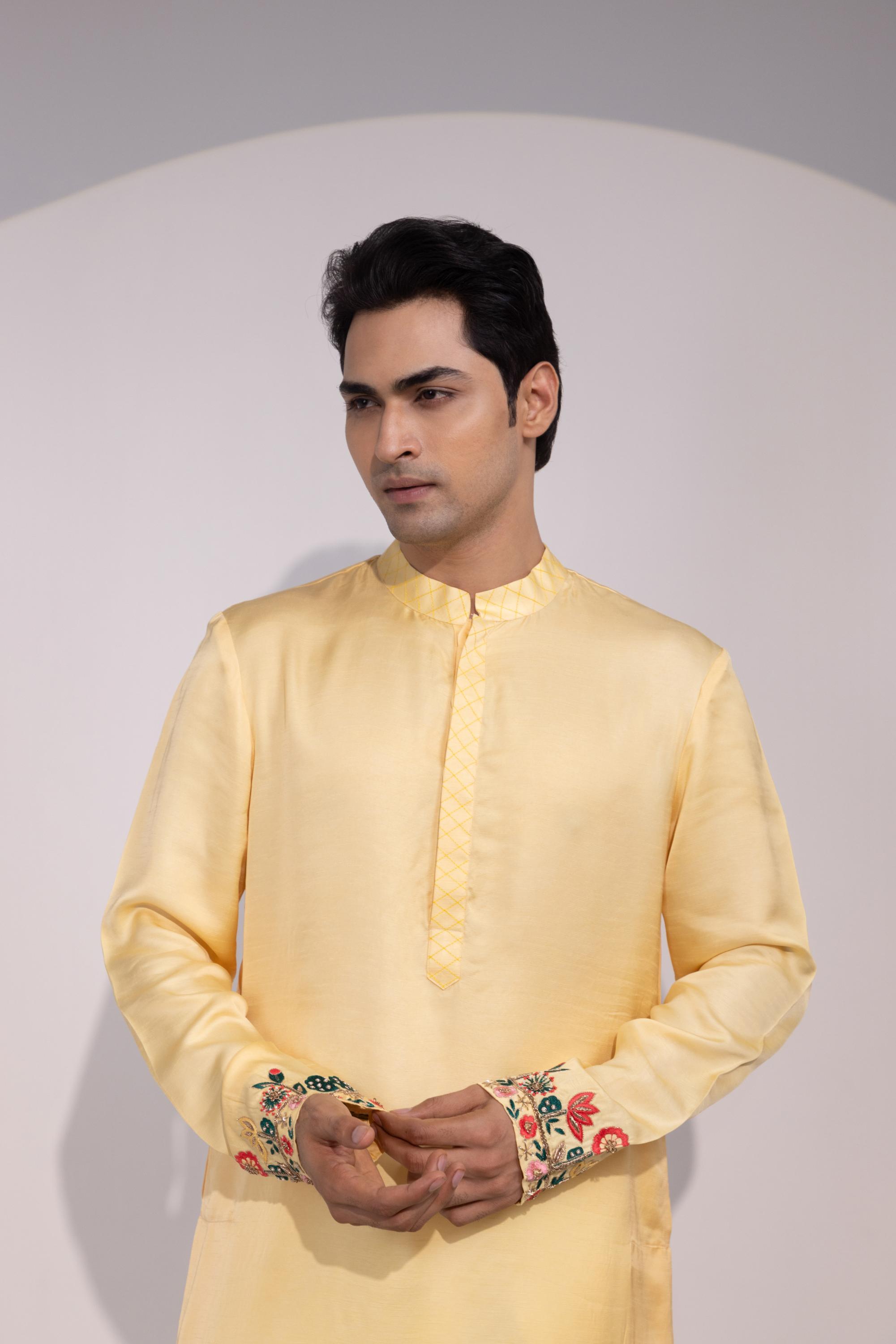 Pastel Yellow Cuff Embroidered Kurta