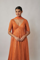Saffron orange sequin and thread embroidered georgette anarkali gown set