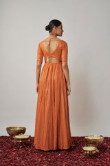 Saffron orange sequin and thread embroidered georgette anarkali gown set