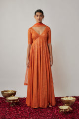 Saffron orange sequin and thread embroidered georgette anarkali gown set
