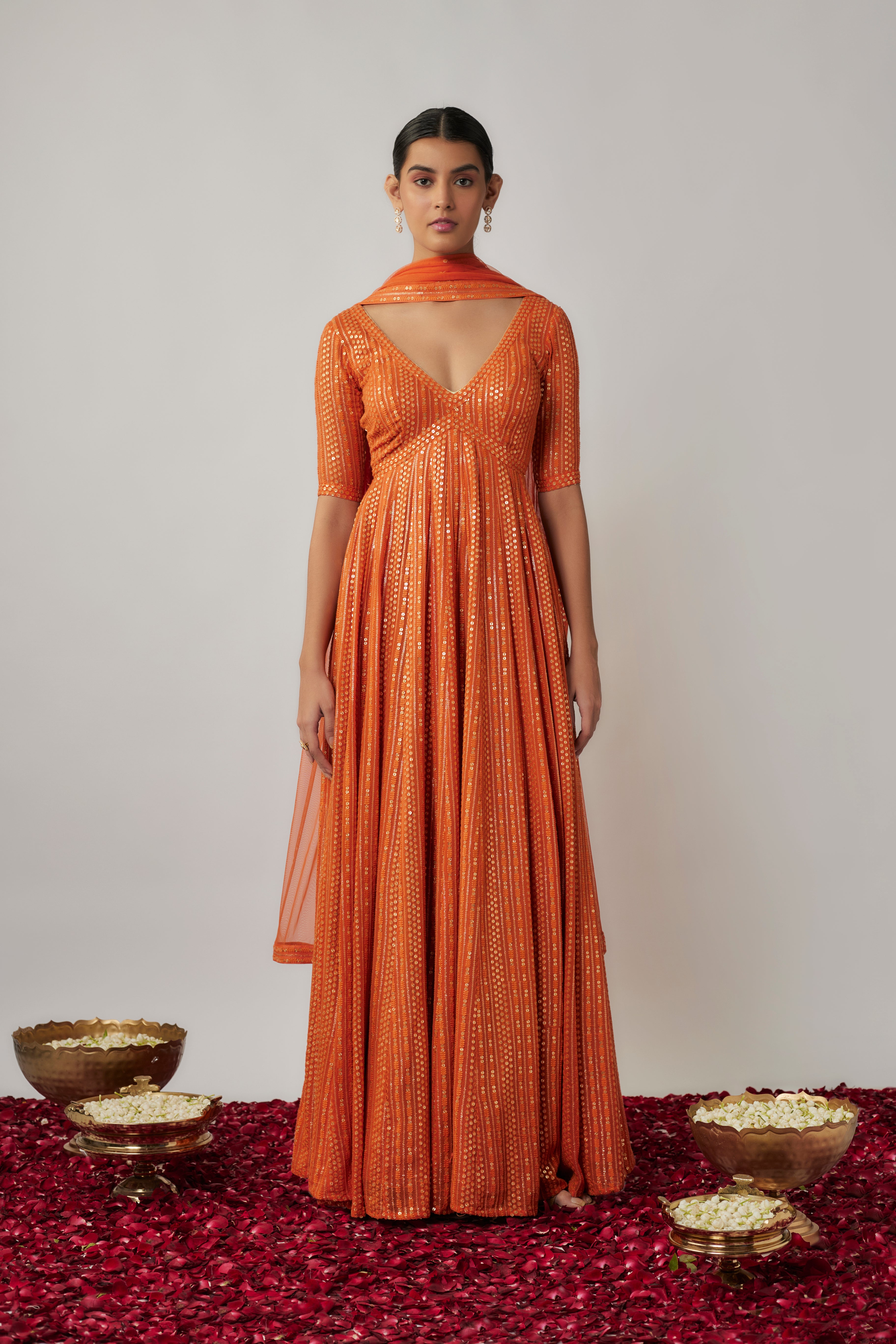 Saffron orange sequin and thread embroidered georgette anarkali gown set