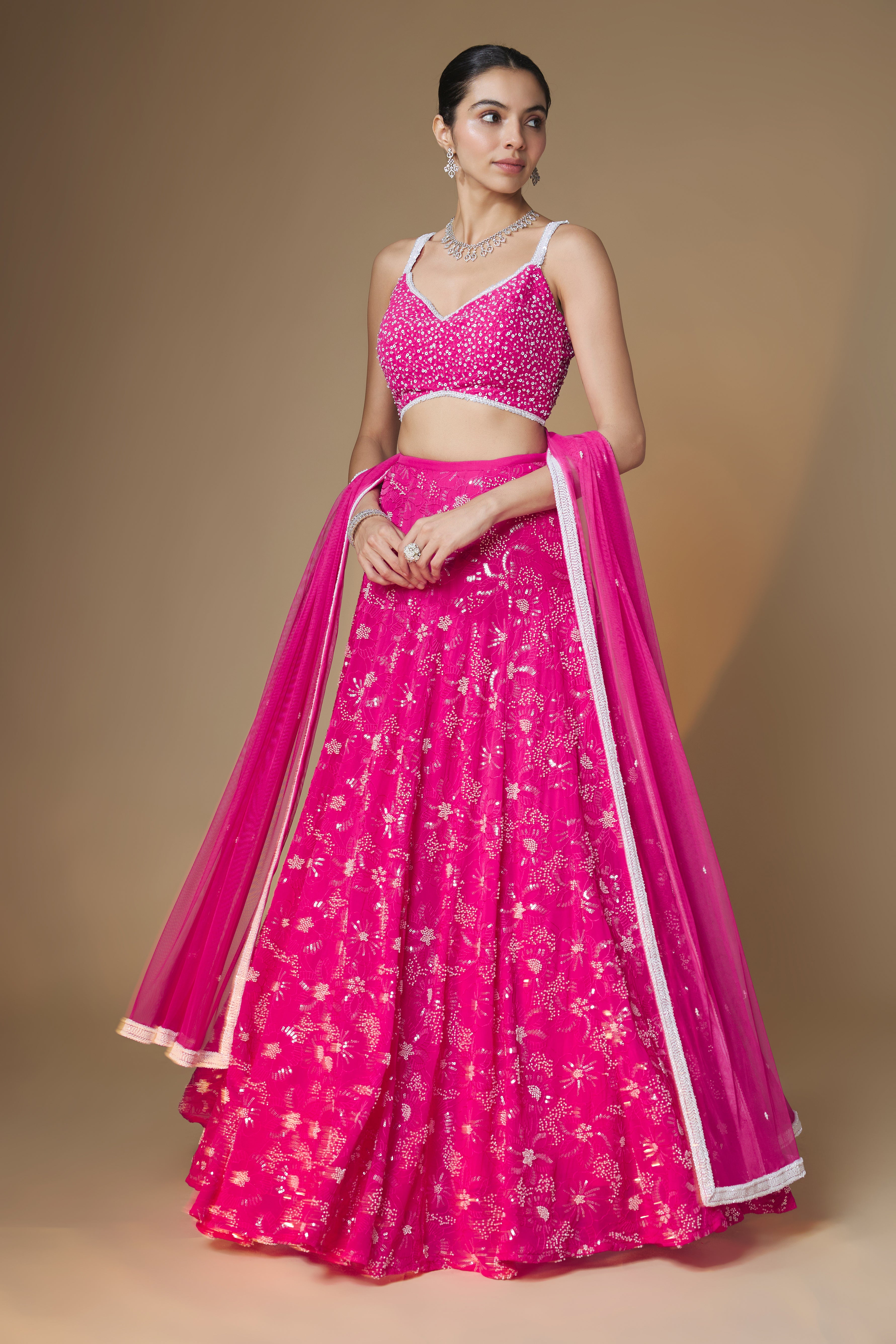 Raspberry pink floral embroidered lehenga blouse set