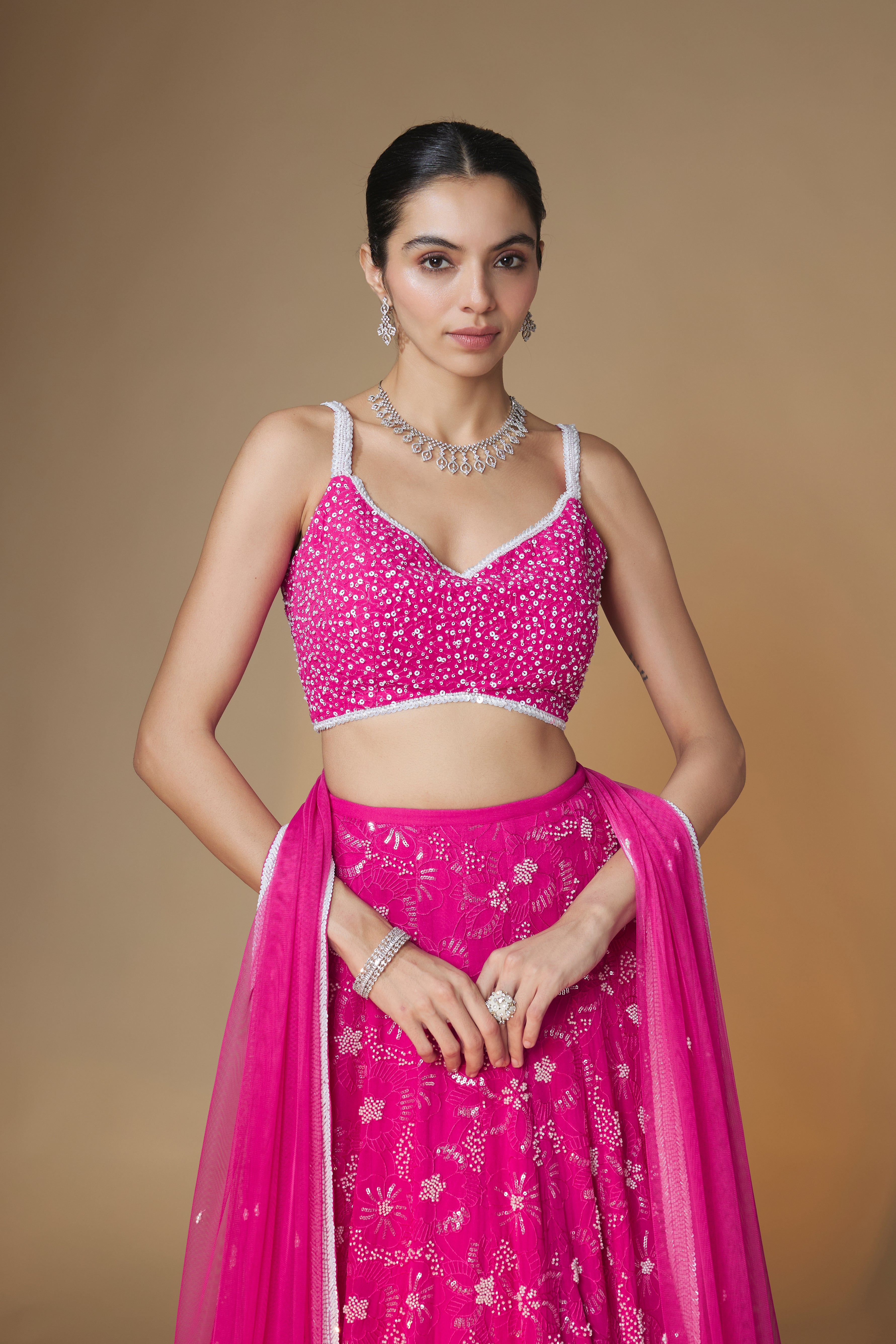 Raspberry pink floral embroidered lehenga blouse set