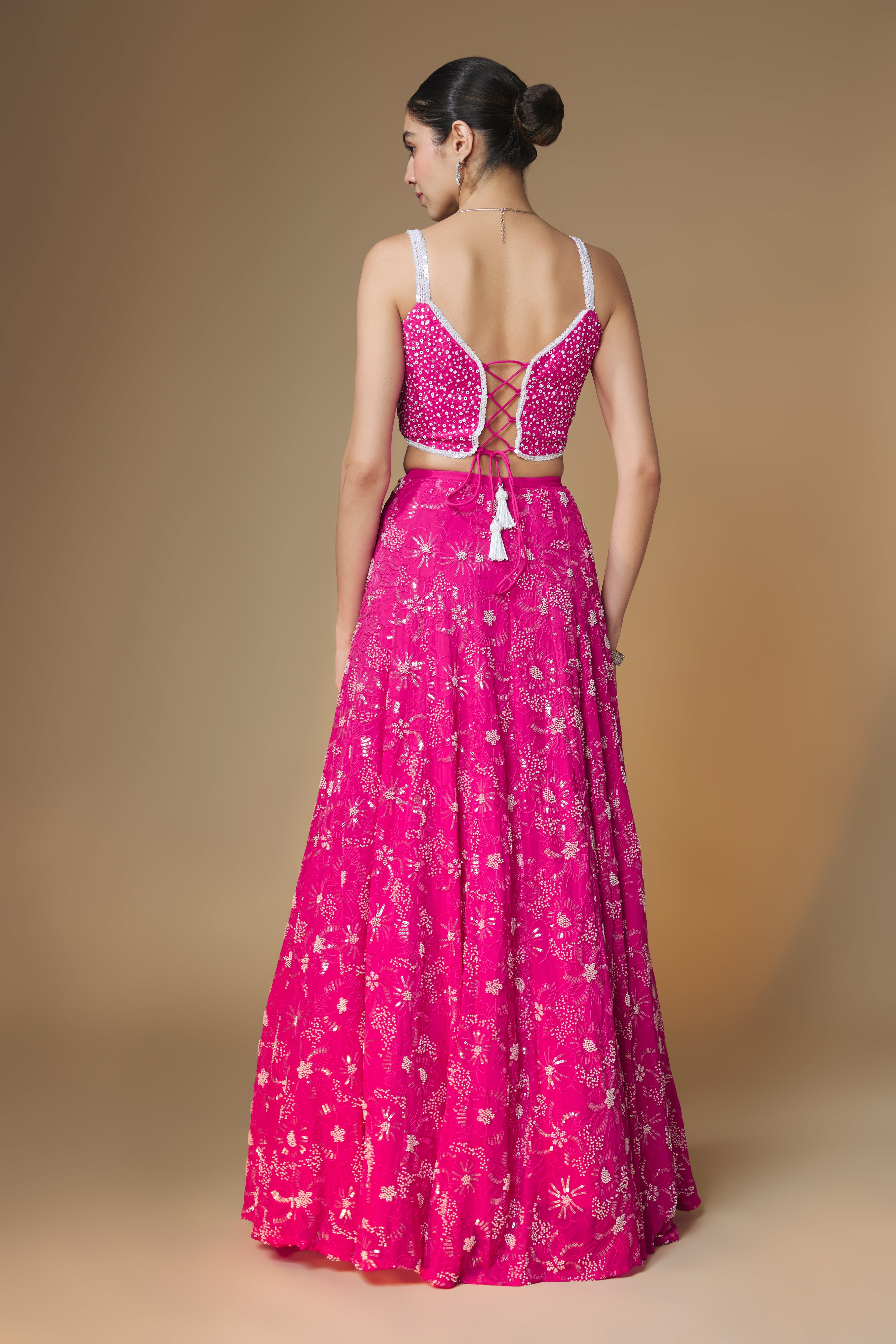 Raspberry pink floral embroidered lehenga blouse set