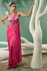 Fuschia Pink Ombre Drape Saree Set