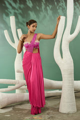 Fuschia Pink Ombre Drape Saree Set