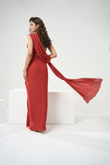 Rust Orange Drape Saree Set