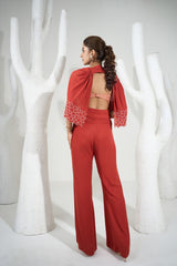 Rust Orange Pants Set With Short Cape